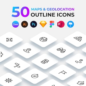 Puede incluir: 50 iconos de contorno en blanco y negro de mapas y símbolos de geolocalización. Los iconos están dispuestos en una cuadrícula sobre un fondo blanco. Los iconos incluyen una brújula, un mapa, un globo terráqueo, un alfiler, una bandera y más.