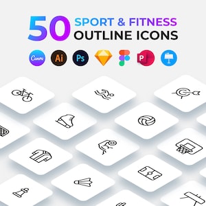 以下が含まれることがあります： 50個のスポーツ＆フィットネスアウトラインアイコン。さまざまなスポーツやフィットネスアクティビティを表す、50個の白黒アウトラインアイコンのセット。アイコンは白い背景にグリッドパターンで配置されています。