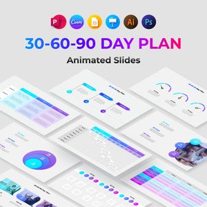 Könnte beinhalten: Ein Satz animierter Folien für einen 30-60-90-Tage-Plan. Die Folien zeigen eine Vielzahl von bunten Diagrammen, Grafiken und Schaubildern. Die Folien sollen Ihnen helfen, Ihre Fortschritte im Laufe der Zeit zu planen und zu verfolgen.