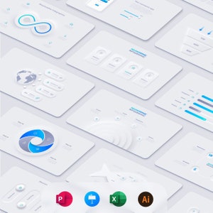 Puede incluir: Un conjunto de 10 diapositivas de infografía neumórfica con diferentes diseños y diseños. Las diapositivas presentan un esquema de color azul y blanco e incluyen elementos como círculos, líneas y flechas. Las diapositivas están diseñadas para ser utilizadas en presentaciones o informes.