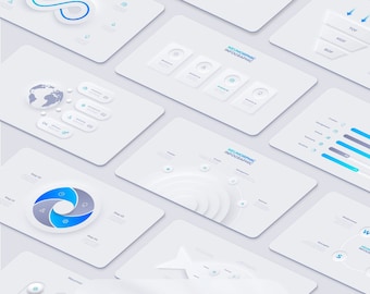 Modelo de PowerPoint em estilo neumórfico - Design personalizável com animação | Slides editáveis | Infográficos vetoriais | Versão clara e escura