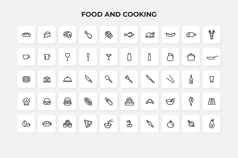 50 Food & Cooking Outline Icons, Editable Vector Set (SVG, PNG) - Etsy