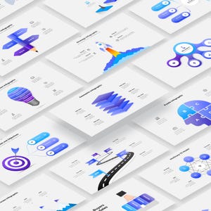 Puede incluir: Infografías isométricas sobre fondos blancos. Los gráficos incluyen un cohete lanzándose, una bombilla, un objetivo con una flecha, una carretera con banderas y una pieza de rompecabezas. La paleta de colores es principalmente azul y morado.