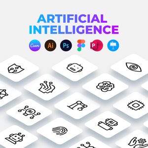 Könnte beinhalten: Grafik mit dem Text "ARTIFICIAL INTELLIGENCE" in einem Blau-Violett-Verlauf. Darunter Icons für Canva, Adobe Illustrator, Photoshop und Microsoft PowerPoint sowie verschiedene KI-bezogene Icons.
