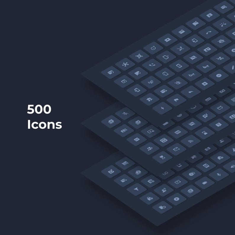 May include: Isometric view of three dark blue digital interface panels with various icons. The text "500 Icons" is displayed in white on the left side of the image. The panels are stacked, creating a layered effect.