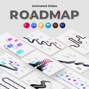 Può includere: Un design grafico con la parola "ROADMAP" in un font simile a una strada, con illustrazioni di auto in miniatura. Sotto, varie icone e diverse diapositive che mostrano infografiche di roadmap con design stradali curvi e marcatori colorati.
