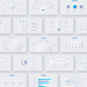 Peut inclure: Une collection de 10 mod&egrave;les d'infographies neumorphes avec diff&eacute;rentes formes et designs. Les mod&egrave;les pr&eacute;sentent des cercles blancs, des carr&eacute;s et d'autres formes avec des accents bleus. Les mod&egrave;les sont con&ccedil;us pour &ecirc;tre utilis&eacute;s dans les pr&eacute;sentations, les rapports et autres communications visuelles.