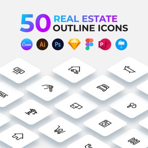May include: 50 real estate outline icons in a white, gray, and black color scheme. The icons are arranged in a grid pattern and are designed for use in Canva, Adobe Illustrator, Adobe Photoshop, Sketch, Figma, and PowerPoint.
