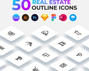 50 ícones de contorno para o setor imobiliário, vetor SVG, Canva, Figma