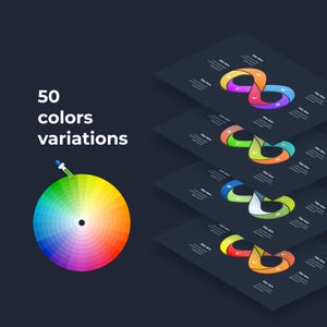 May include: A graphic design showcasing 50 color variations. The image features a color wheel with a gradient of colors and several layered infinity loop designs in various color schemes. Text reads "50 colors variations."