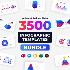 Op de afbeelding: Een digitale collectie van 3500 geanimeerde zakelijke dia's en infographic-sjablonen. De centrale tekst luidt 3500 INFOGRAPHIC TEMPLATES BUNDLE, omringd door diverse kleurrijke grafiekvoorbeelden, waaronder een raket en een spaarvarken.