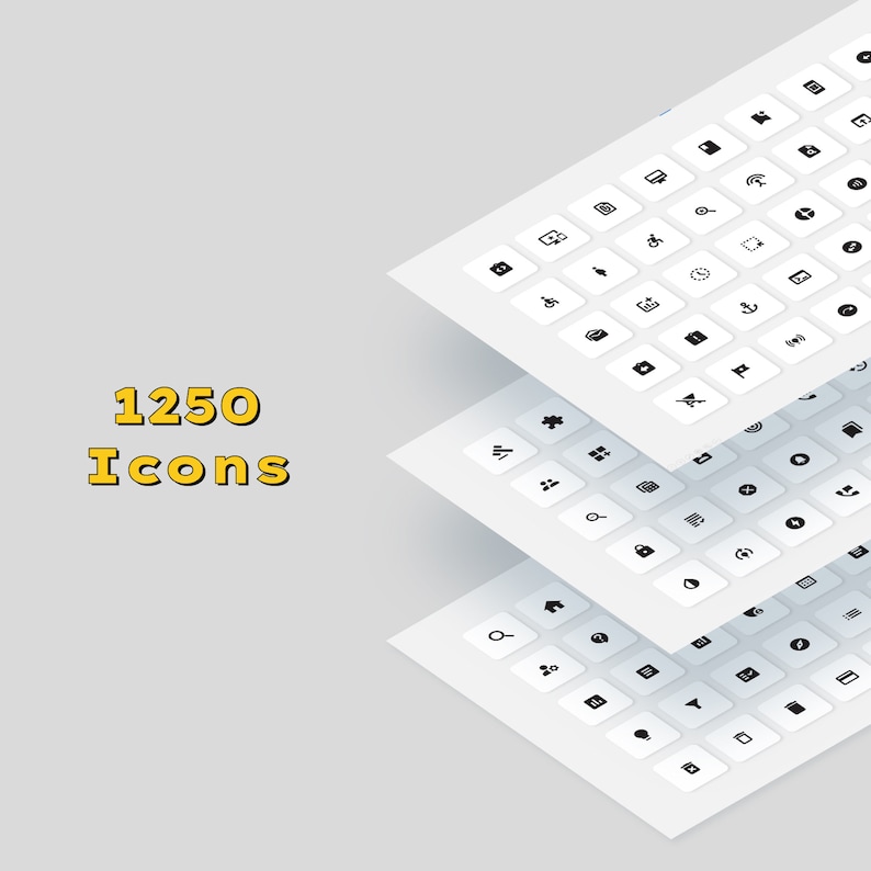 May include: A set of 1250 black and white icons arranged in a grid pattern on a white background. The icons are grouped into three sets, each set is slightly offset from the other, creating a 3D effect.