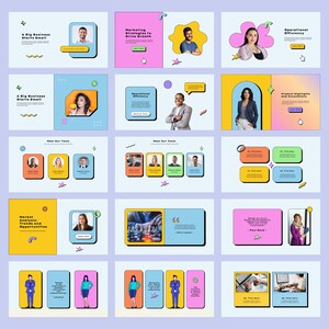 May include: A presentation slide deck with a colorful, retro design. The slides feature images of people, text, and graphics. The text on the slides includes "A Big Business Starts Small", "Marketing Strategies to Drive Growth", "Operational Efficiency", "Market Analysis Trends and Opportunities", and "Meet Our Team".