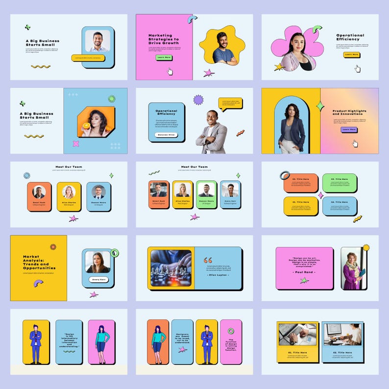 May include: A presentation slide deck with a colorful, retro design. The slides feature images of people, text, and graphics. The text on the slides includes "A Big Business Starts Small", "Marketing Strategies to Drive Growth", "Operational Efficiency", "Market Analysis Trends and Opportunities", and "Meet Our Team".