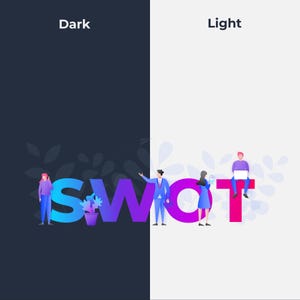 May include: Illustration with the word "SWOT" in gradient colors, divided by a dark and light background. Figures are positioned around the letters, suggesting a business or marketing concept. The word "Dark" and "Light" are at the top.
