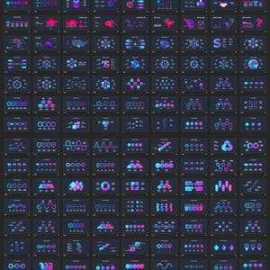 May include: A grid of 100+ digital graphics with various infographic designs. Each graphic is on a dark background and features a vibrant gradient of blue, purple, and pink. The designs include charts, diagrams, and data visualizations.