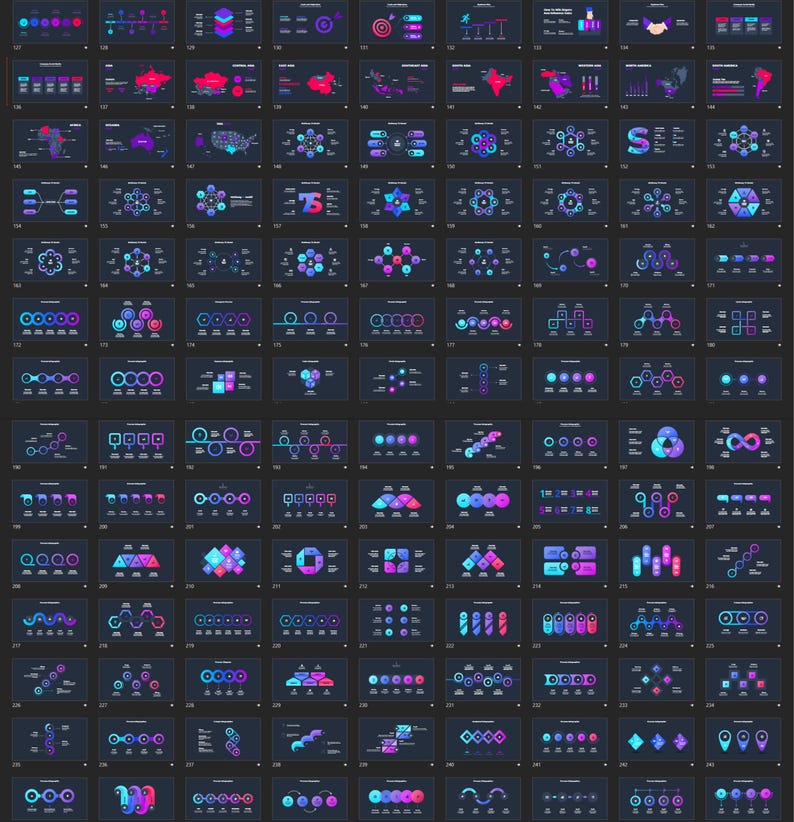 May include: A grid of 100+ digital graphics with various infographic designs. Each graphic is on a dark background and features a vibrant gradient of blue, purple, and pink. The designs include charts, diagrams, and data visualizations.