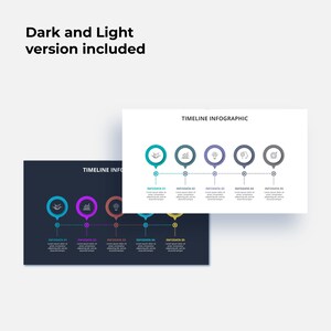 May include: A timeline infographic with five steps, each represented by a circle with a different colour and icon. The steps are labelled "Infodata 01" through "Infodata 05". The infographic is presented in both a dark and light version.