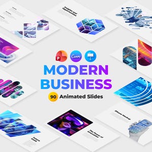 Op de afbeelding: Een digitale presentatiesjabloonset getiteld Modern Business 90 Animated Slides, met diverse dia-indelingen met blauwe, paarse en oranje gradiënten, tech-gerelateerde afbeeldingen en iconen voor PowerPoint, Canva en Keynote software.