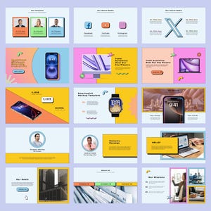 May include: A presentation template with a colorful retro theme. The slides feature images of smartphones, smartwatches, and laptops. The text on the slides includes "Our Projects", "Our Social Media", "Team Dynamics", "Smartwatch Mockup Template", "Welcome Message", "Our Goals", "Our Services", "Our Missions", and "Operational Efficiency & Productivity".
