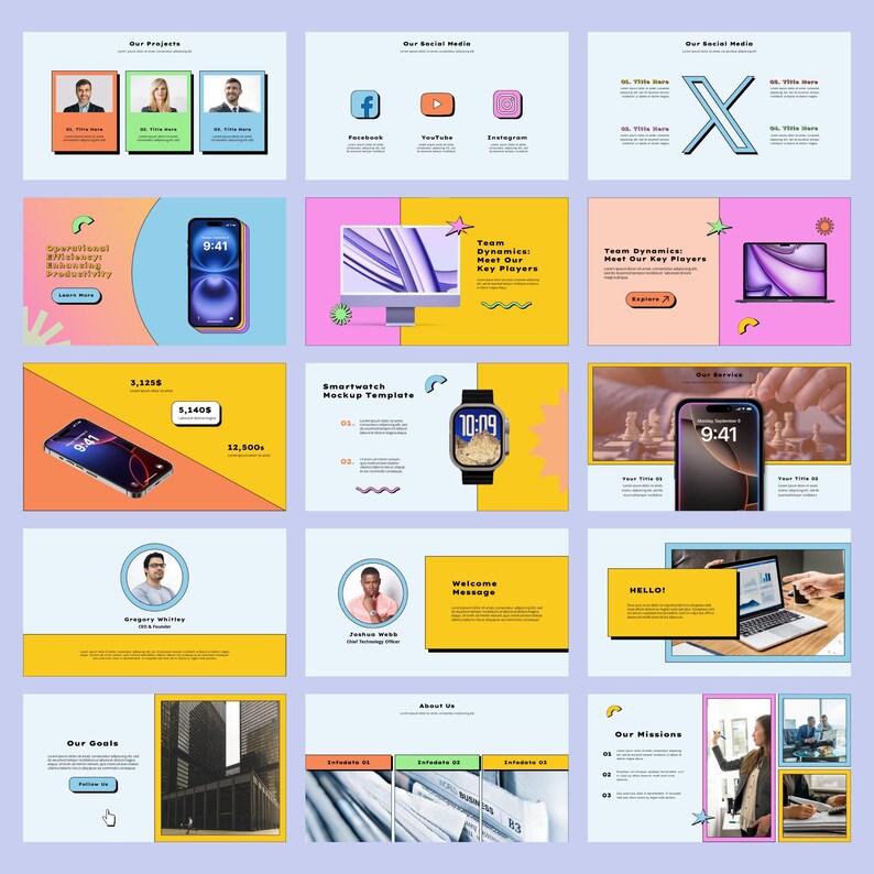 May include: A presentation template with a colorful retro theme. The slides feature images of smartphones, smartwatches, and laptops. The text on the slides includes "Our Projects", "Our Social Media", "Team Dynamics", "Smartwatch Mockup Template", "Welcome Message", "Our Goals", "Our Services", "Our Missions", and "Operational Efficiency & Productivity".