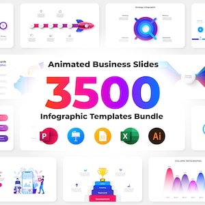 Könnte beinhalten: Ein digitales Präsentationspaket mit dem Titel Animated Business Slides 3500 Infographic Templates Bundle, das bunte Symbole für PowerPoint, Keynote und Illustrator sowie verschiedene Infografik-Diagramme, Schaubilder und Beispiele zur Datenvisualisierung enthält.