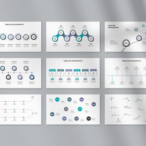 May include: A set of nine timeline infographic templates with different layouts and styles. Each template features a horizontal timeline with circles, lines, and arrows to represent different stages or events. The templates are designed to be used for presentations, reports, and other visual communication.