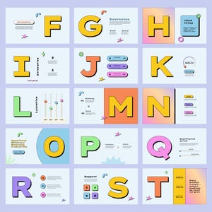 May include: A colorful alphabet chart with each letter in a different color and a different design. Each letter is on a separate slide with a background color and a few design elements. The letters are F, G, H, I, J, K, L, M, N, O, P, Q, R, S, and T.