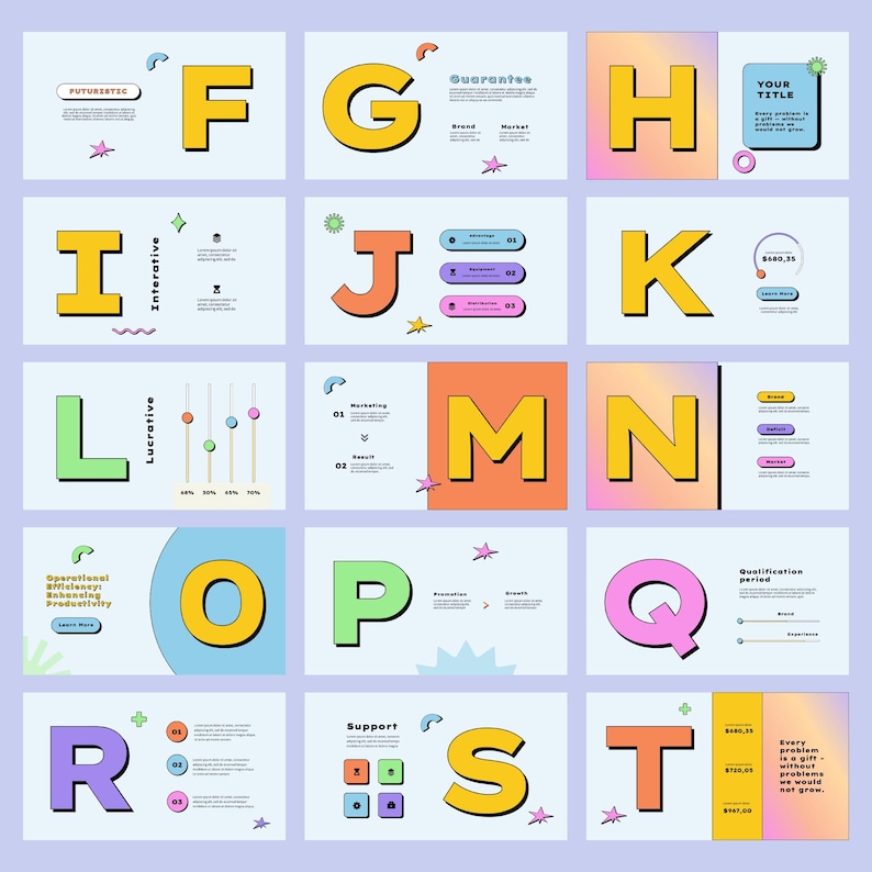 May include: A colorful alphabet chart with each letter in a different color and a different design. Each letter is on a separate slide with a background color and a few design elements. The letters are F, G, H, I, J, K, L, M, N, O, P, Q, R, S, and T.