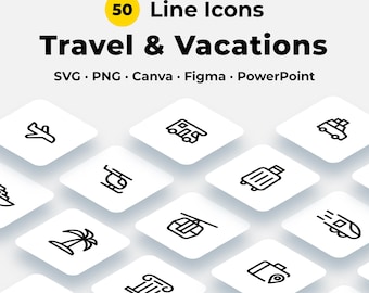50 ícones de contorno para viagens e férias | Clipart de turismo, transporte e feriados em SVG para Canva