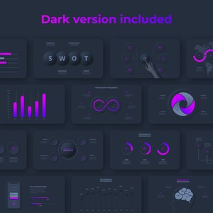Peut inclure: Une collection de mod&egrave;les d'infographies &agrave; th&egrave;me sombre avec des accents violets. Les mod&egrave;les comprennent des graphiques, des diagrammes et des ic&ocirc;nes. Le texte "SWOT" est pr&eacute;sent&eacute; dans l'un des mod&egrave;les.
