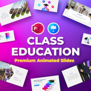 Puede incluir: Una plantilla de presentación colorida para PowerPoint con el texto "CLASS EDUCATION" y "Premium Animated Slides". La plantilla presenta imágenes de un gorro de graduación, libros y un aula.
