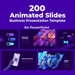 Puede incluir: Una plantilla de presentación de PowerPoint púrpura con el texto "200 Animated Slides". La plantilla incluye maquetas para resúmenes financieros, pantallas de iPhone y objetivos futuros. El diseño presenta una estética moderna y profesional.