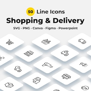 Könnte beinhalten: Eine digitale Sammlung von 50 Linien-Icons mit dem Titel Shopping & Delivery, bestehend aus schwarzen Umrissen auf weißen quadratischen Kacheln. Das Set enthält Symbole für Einkaufswagen, Lieferwagen, Laden, Scanner und Zahlungskarte für SVG, PNG, Canva, Figma und Powerpoint.
