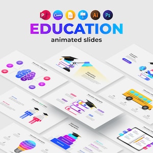 Puede incluir: Un conjunto de diapositivas animadas para presentaciones sobre educación. Las diapositivas presentan iconos y gráficos coloridos, incluyendo un cerebro, un gorro de graduación, un autobús escolar y una pila de libros. El texto "EDUCATION animated slides" se muestra en la parte superior de la imagen.