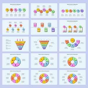 May include: A collection of infographic templates featuring various chart styles, including timelines, funnels, and pie charts. The charts are designed in a modern, colorful style with a focus on visual appeal and data clarity.
