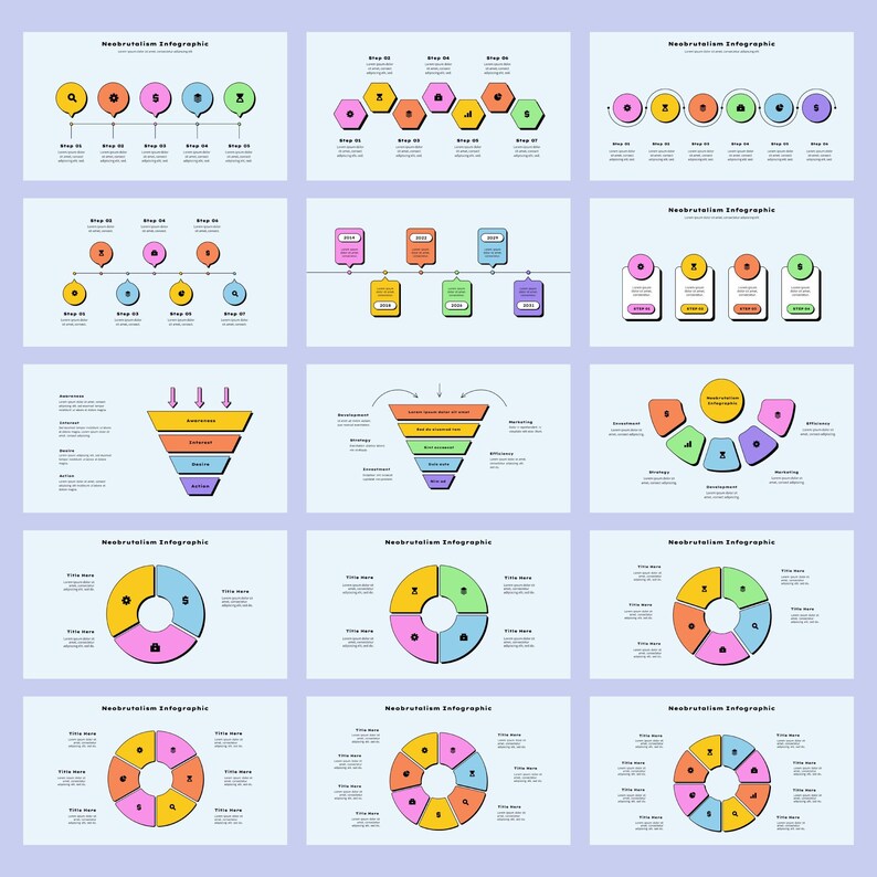 May include: A collection of infographic templates featuring various chart styles, including timelines, funnels, and pie charts. The charts are designed in a modern, colorful style with a focus on visual appeal and data clarity.