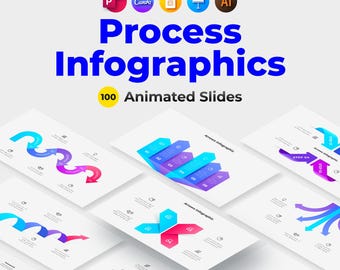 Plantilla de infografía animada para PowerPoint con 100 diseños de flechas y procesos para Canva, Keynote y Google Slides.