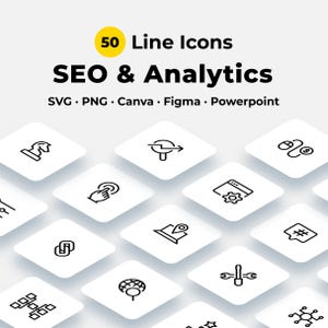 Könnte beinhalten: Eine digitale Sammlung von 50 Linien-Icons für SEO und Analytik, mit schwarzen Umrissen auf weißen quadratischen Kacheln. Der Text lautet 50 Line Icons, SEO & Analytics, SVG, PNG, Canva, Figma, Powerpoint. Die Icons zeigen unter anderem eine Schachfigur, einen Cursor, ein Zahnrad und einen Globus.