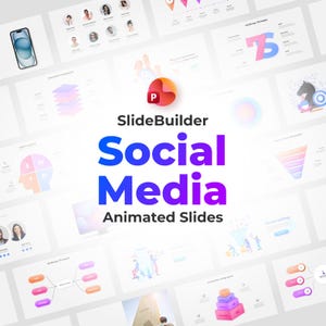 Könnte beinhalten: Eine digitale Präsentation mit animierten Folien und dem Text "SlideBuilder Social Media Animated Slides". Das Bild zeigt Infografiken, Diagramme und ein Smartphone-Modell vor weißem Hintergrund.
