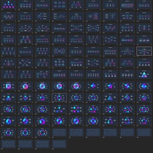 May include: A collection of digital graphics featuring various infographic designs. Each graphic is displayed on a dark background and uses a color palette of blue, purple, and pink. The designs include charts, diagrams, and data visualizations, suitable for presentations.