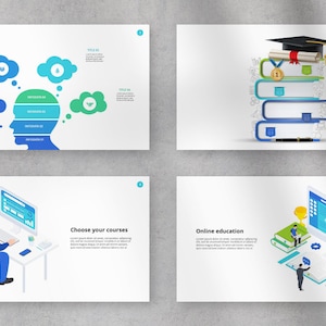 May include: Four slides about online education. The first slide shows a blue head with five blue and green thought bubbles. The second slide shows a stack of blue books with a graduation cap on top. The third slide shows a person sitting at a computer with the text "Choose your courses". The fourth slide shows a computer screen with a globe, a book, and a trophy. The text "Online education" is below the image.
