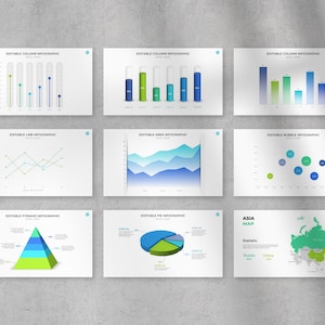 May include: A set of nine infographic slides featuring various chart types, such as column, line, area, bubble, pyramid, and pie charts. The slides are presented in a contemporary style with blue, green, and white colours. The slides also include a map of Asia with statistics for Russia and China.