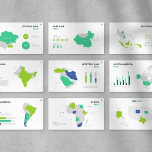 May include: A set of 10 maps showing different regions of the world, including Central Asia, East Asia, South Asia, Western Asia, North America, Southeast Asia, South America, Africa, and the USA. Each map is a simplified outline of the region with a green colour scheme and includes a title and a small graphic.