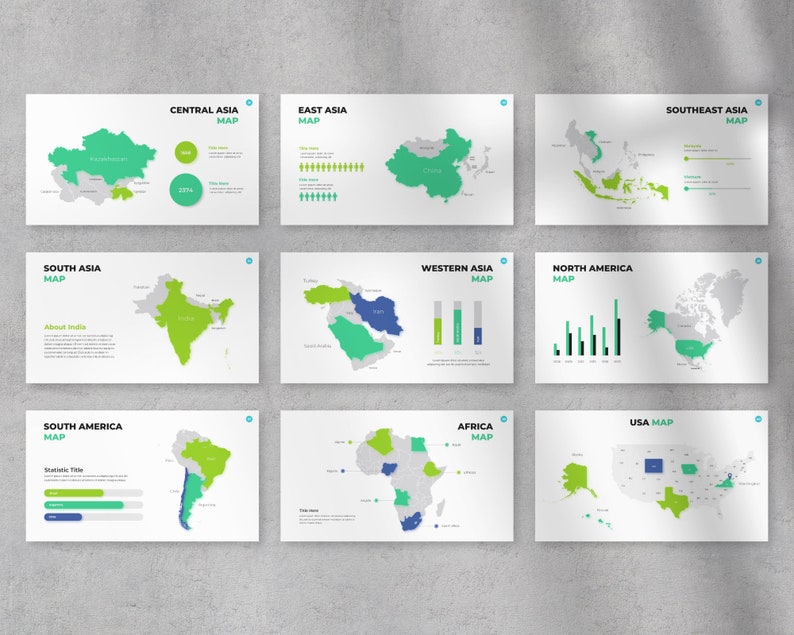 May include: A set of 10 maps showing different regions of the world, including Central Asia, East Asia, South Asia, Western Asia, North America, Southeast Asia, South America, Africa, and the USA. Each map is a simplified outline of the region with a green colour scheme and includes a title and a small graphic.
