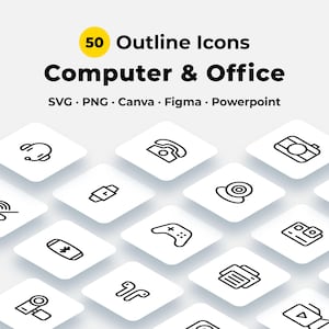 オフィスやテクノロジー関連のコンピューターアイコン50選 | Canva、Figma、PowerPoint用のアウトラインSVG