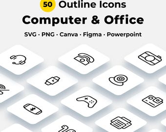 50 Computer Icons for Office and Tech | Outline SVG for Canva, Figma, PowerPoint