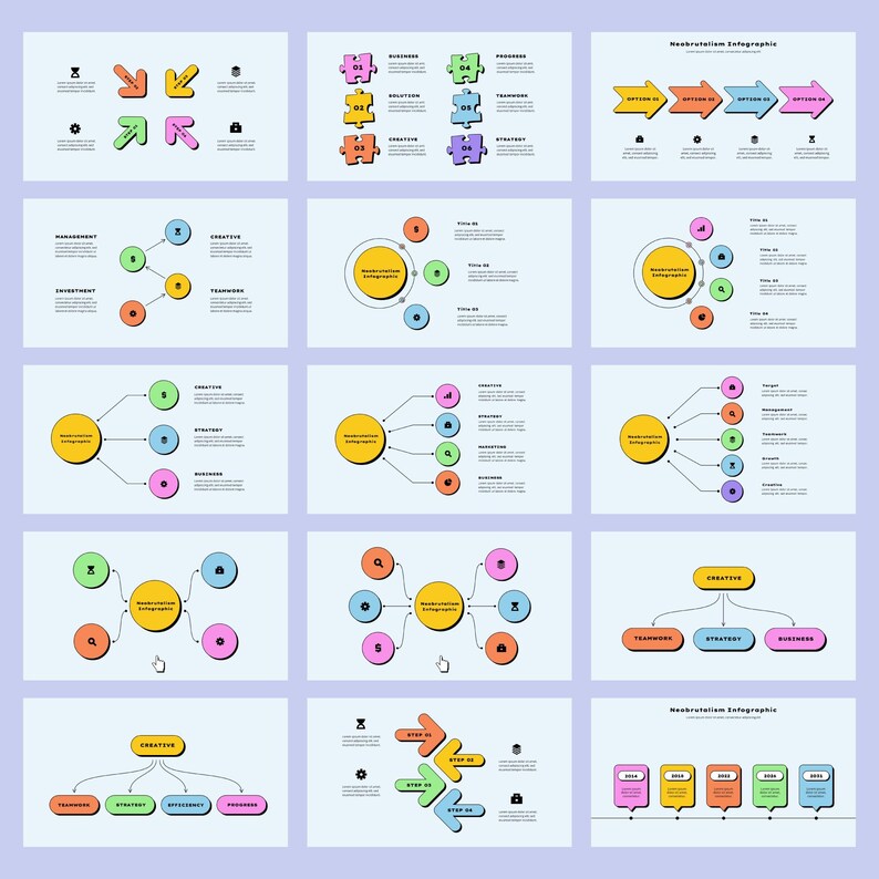 May include: A collection of infographic templates featuring various shapes and colors, including arrows, circles, and puzzle pieces. The templates are designed for use in presentations, reports, and other visual communication materials.