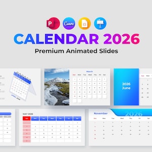 Könnte beinhalten: Digitales Kalenderdesign für 2026 mit einem leuchtenden Blau-, Lila- und Pink-Farbschema. Das Design umfasst verschiedene Kalenderlayouts für verschiedene Monate mit einer klaren und modernen Ästhetik. Der Text "CALENDAR 2026" ist deutlich sichtbar.