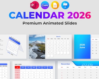Animated Calendar 2026 PowerPoint Template. Canva 2026 Editable Calendar. Keynote Calendar 2026 Template. Google Slides Calendar 2026.